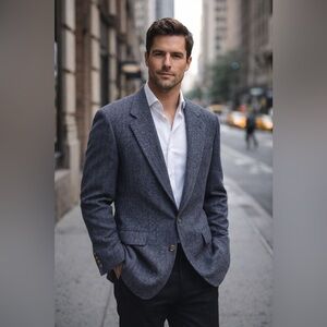 Barrister Vintage Wool Herringbone Grey Blue Sport Coat Blazer Made in USA Work